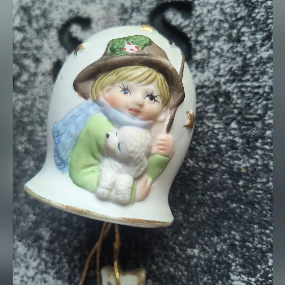 Christmas Chimes Jasco Ceramic Girl And Dog Stars 1980 Vintage Bell Ornament